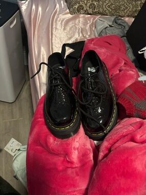 Dr. Martens Black Patent Leather 3-Eye Oxfords with Yellow Stitching